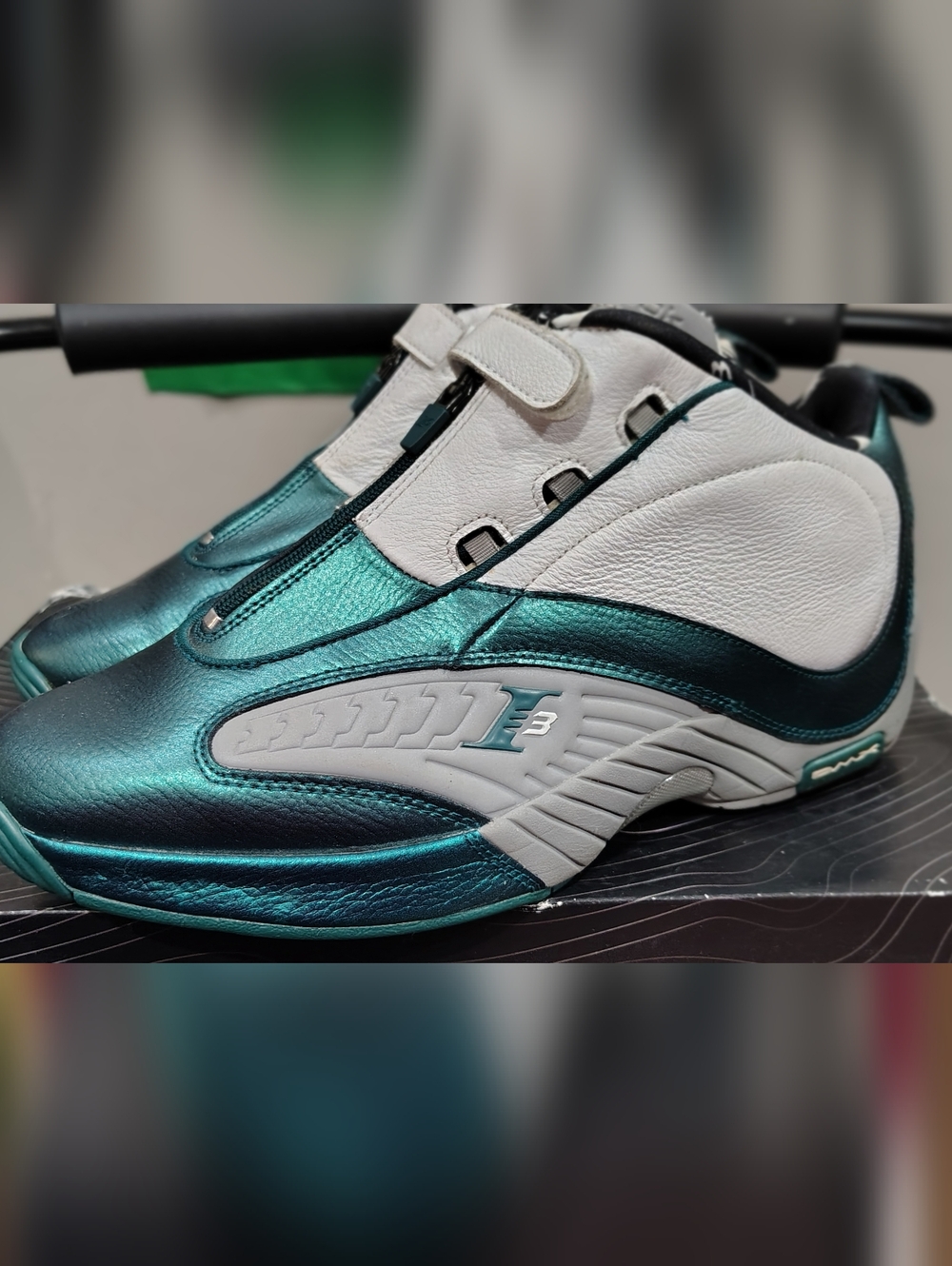 Reebok Answer IV "The Tunnel" sneakers in a deep teal, white, and grey colorway
